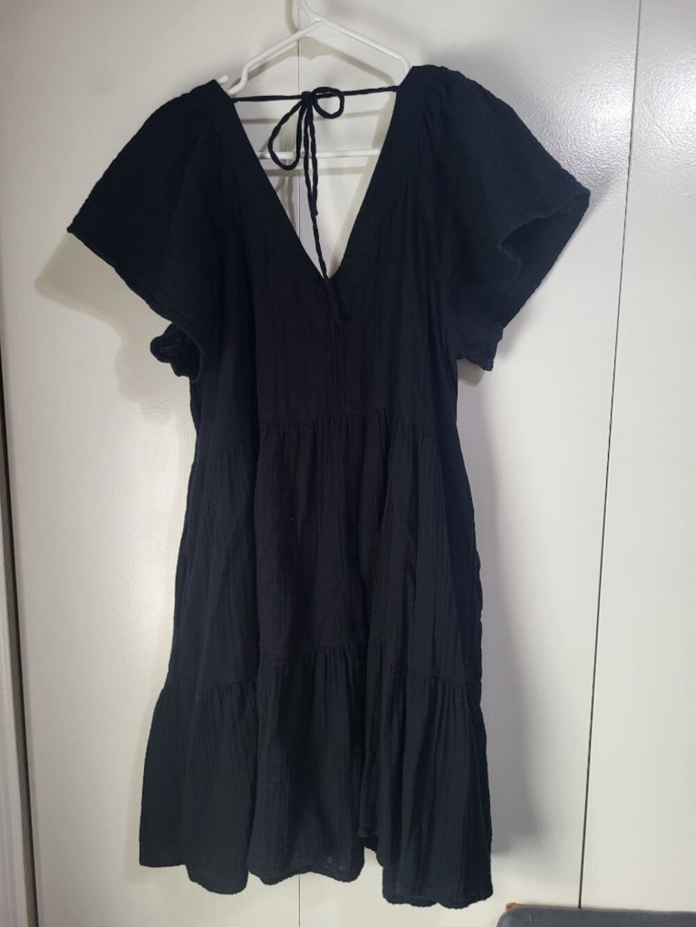 Old Navy Women's XL Black V-Neck Tiered Mini Swing Dress Gauzy Cotton - Picture 2 of 8